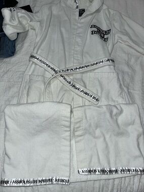 White Hooded Terry Robe with Logo and Script Trim ALF